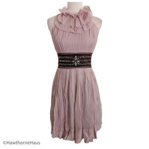 BCBG Maxazria Crinkle Silk High Neck Cocktail Dress Sz 8 Dusty Rose Fit & Flare
